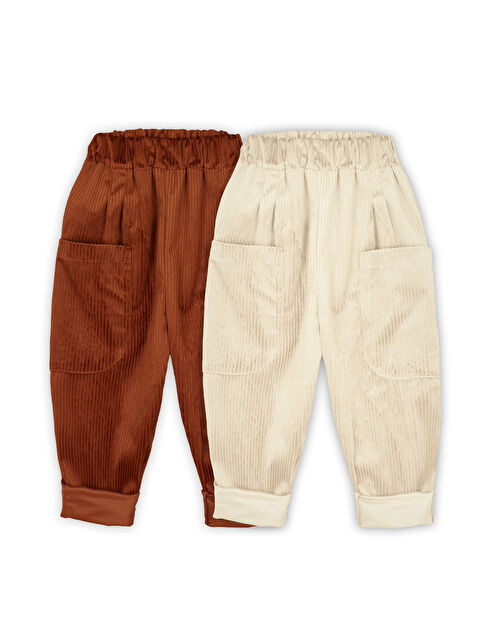 Catz Kids 2'li Paket Yumuşak Kadife Boyfriend Pantolon ( Tarçın&Krem ) - S000317911-5373