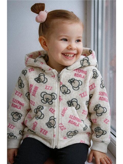 Magu Kız Bebek Ayıcık Desenli Kapüşonlu Polar Ceket – Fermuarlı, Yumuşak Dokulu - S000503101-23173