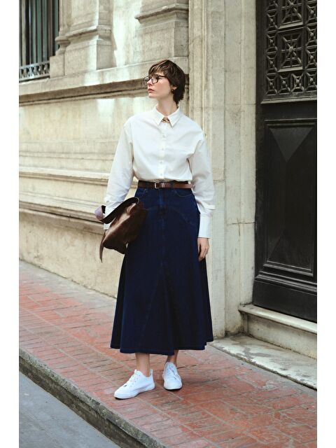 Mizalle Parça Volanlı Lacivert Maksi Denim Etek - S000418814-21164