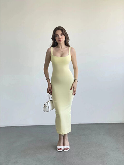 Hazelin Kadın Sarı Askılı Kare Yaka Midi Elbise HZL25S-ZK11621 - S000355437-20072