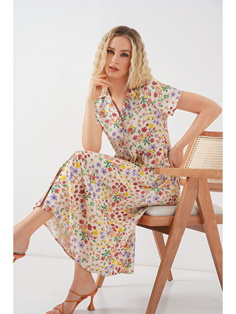 Bigdart Kadın Boydan Düğmeli Kısa Kol Çiçekli Elbise 2561 - Krem - S000407392-19966