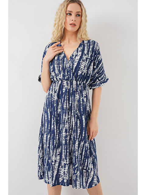 Bigdart Kadın Desenli Kısa Kol Elbise 2569 - Lacivert - S000407396-21164