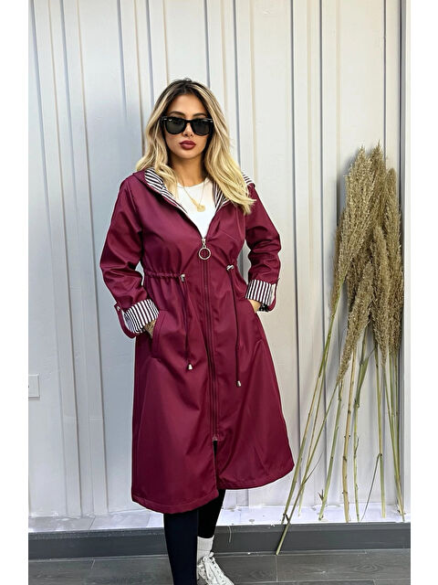 Hazelin Kadın Bordo Beli Büzgülü Kapüşonlu Uzun Trençkot HZL22W BD190911 - S000040347-19951