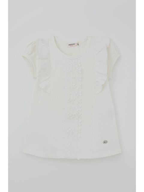 Breeze Kız Çocuk Tişört Çiçek Güpür Nakış Detaylı Ekru (3-8 Yaş)