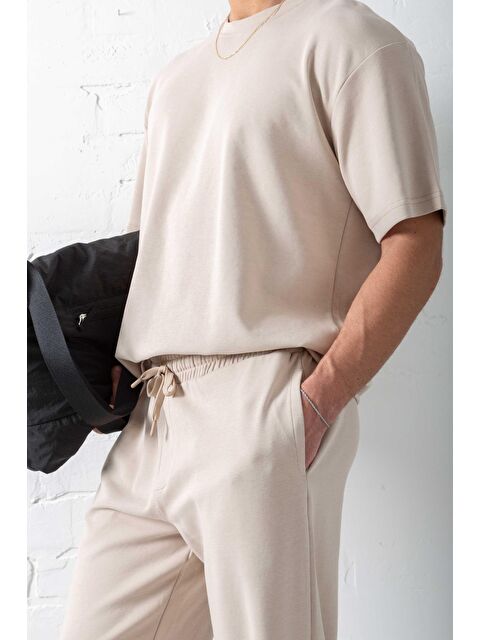 Abluka Online Erkek Oversize Basic Rahat Tişört Bej - S000362439-19928