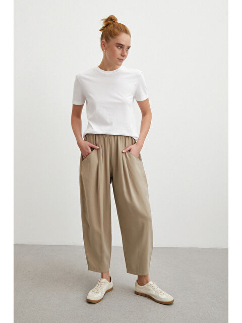 Never More Bağcıklı Beli Lastikli Pileli Pantolon Taş - S000491334-25636