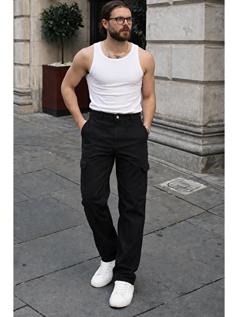 Comstar Erkek Günlük Kargo Cep Siyah Baggy Pantolon