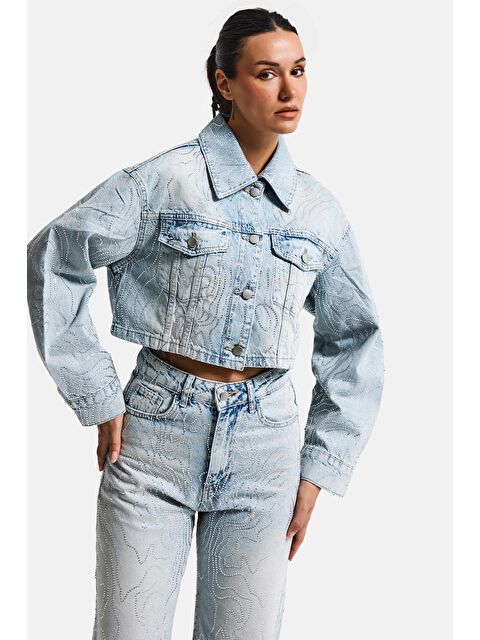 It's Basic Kadın Jean Rengi T-4s6-32 Crop Fit Taş Detaylı Özel Tasarım Denim Ceket - S000505847-17234