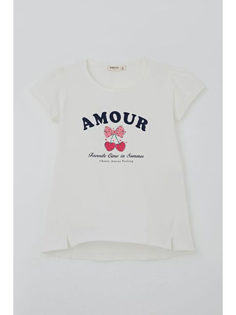 Breeze Kız Çocuk Tişört Fiyonklu Kiraz Baskılı Yanları Yırtmaçlı Ekru (5-10 Yaş)