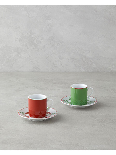 English Home Vivy Porselen 4 Parça 2 Kişilik Kahve Fincan Takımı 80 ml Bordo-Yeşil - S000486799-19951