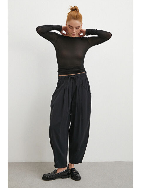 Never More Bağcıklı Beli Lastikli Pileli Pantolon Siyah - S000491334-19351