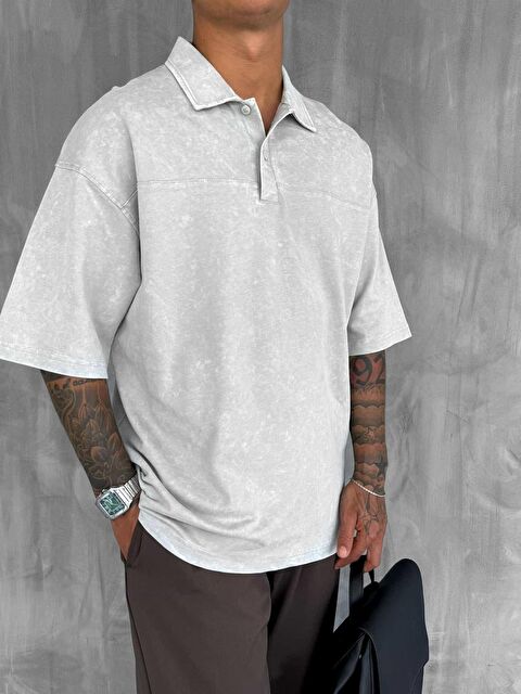 Abluka Online Erkek Polo Yaka Oversize Yıkamalı T-Shirt Gri - S000391588-20600