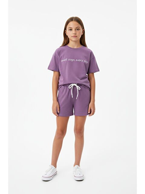 Toontoykids Kız Çocuk 2'li Şortlu Takım Bisiklet Yaka Kısa Kollu Baskılı Tişört - Beli Lastikli Bağlamalı Şort