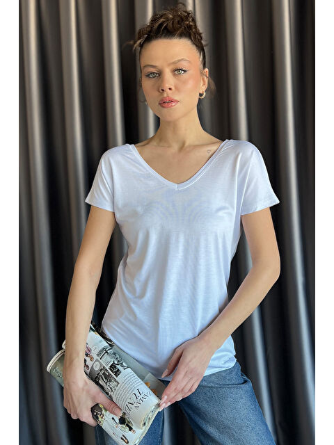 Gülseli Ön Arka V Yaka Kadın Tişört - S000352202-20063