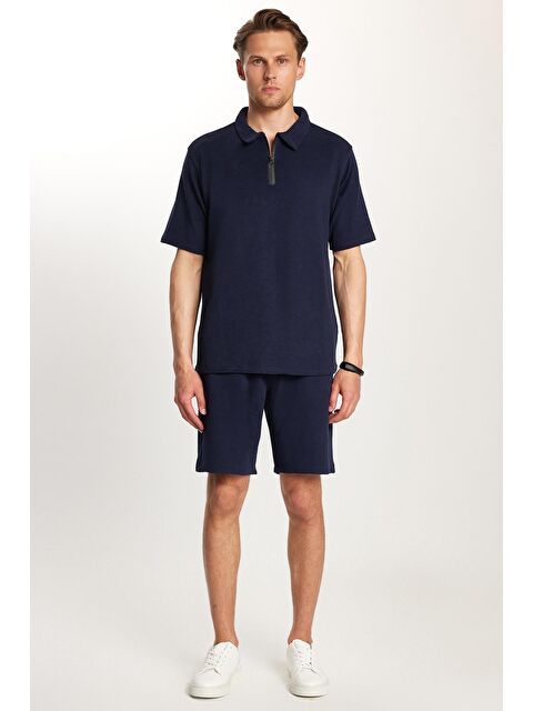 TUDORS Erkek Standart Fit Pamuklu Fermuarlı Polo Yaka Tişört Beli Bağcıklı Lacivert Şort Takım - S000518676-21164