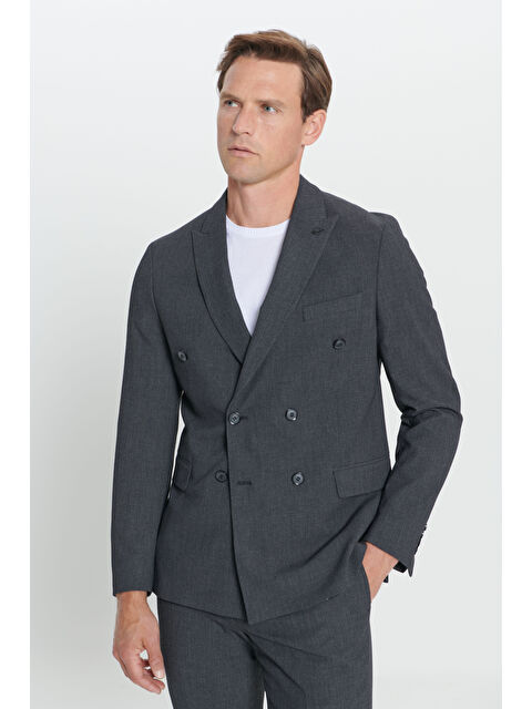 Altınyıldız Classics Erkek Antrasit Slim Fit Kırlangıç Yaka Gofre Desenli Kruvaze Takım Elbise