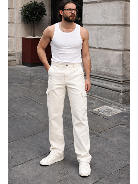 Comstar Erkek Günlük Kargo Cep Beyaz Baggy Pantolon