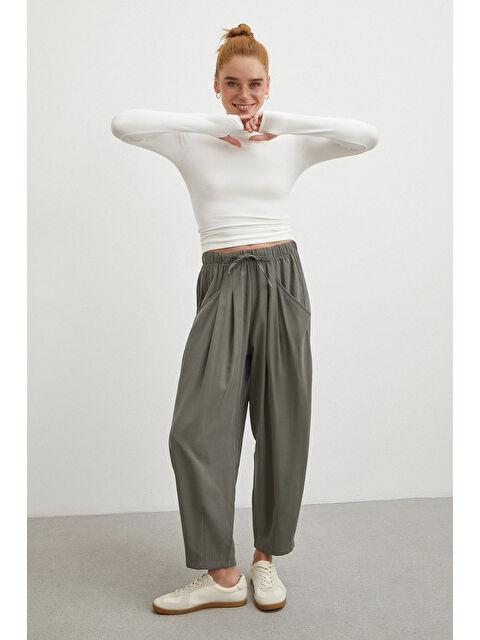 Never More Bağcıklı Beli Lastikli Pileli Pantolon Haki - S000491334-18547