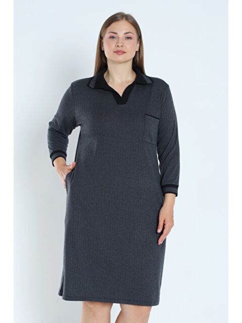 Intensive Desenli Truvakar Kollu Cepli Polo Yaka Jakarlı Kadın Büyük Beden Elbise - S000447588-29666