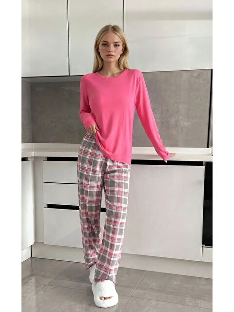 carla10 Ekose Desenli Alt Pembe Üst Uzun Kollu Pijama Takımı - S000491336-20024