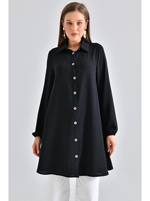 Saade Siyah Kadın Gömlek Yaka Ahşap Düğmeli Kolağzı Lastikli Aerobin Dokuma Tunik - Regular Fit - S000495983-19351