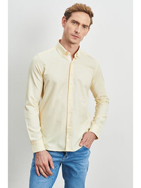 AC&Co / Altınyıldız Classics Erkek Sarı Slim Fit Dar Kesim Düğmeli Yaka Uzun Kollu Oxford Gömlek - S000394659-20072
