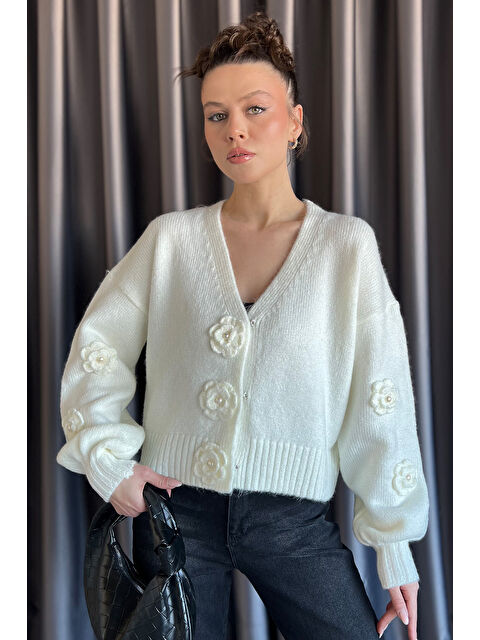 Gülseli Kadın Çiçek Figürlü İncili Triko Hırka - S000352211-19966