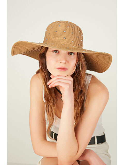 Luminos Butik Camel Geniş Kenarlı Taş İşlemeli Doğal Hasır Şapka  Tasarım  Güneşten Koruma İçin İdeal HSR2085 - S000370152-4557