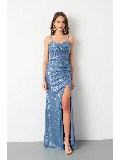 Lafaba Kadın İndigo Yırtmaçlı Pul Payet Uzun Abiye Elbise - S000491316-23093