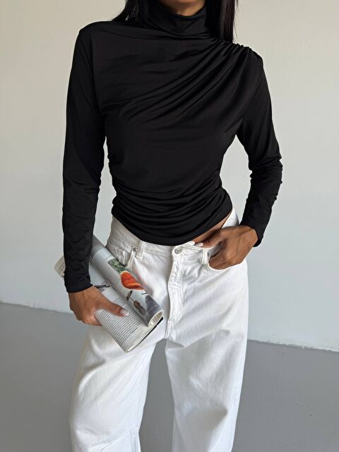 carla10 Boğazlı Siyah Sandy Bluz - S000494615-19351