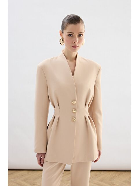 SATEEN Gold Düğmeli Uzun Ceket - Bej - S000497852-19928