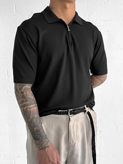 Abluka Online Erkek Yarım Fermuarlı Polo Yaka T-Shirt Siyah - S000365671-19351