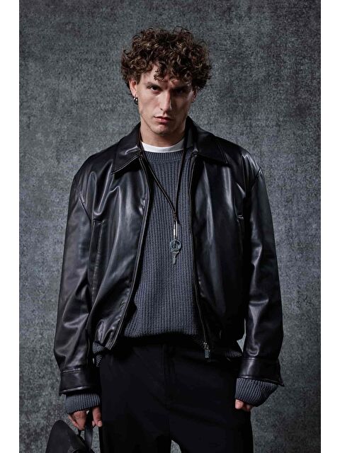 Abluka Online Erkek Oversize Fermuarlı Basic Deri Ceket Siyah - S000481747-19351
