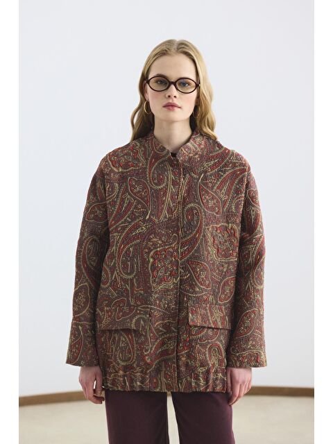 Kadriye Baştürk Desenli Jakar Bomber Ceket Kahverengi - S000510763-19413