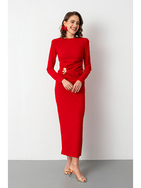 Lafaba Kadın Kırmızı Vatkalı Bel Büzgülü Midi Elbise - S000446689-20045