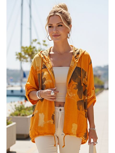 Chiccy İtalyan Turuncu Düğmeli Uzun Kollu Cepli Kapüşonlu Fermuarlı Baskılı Regular Boy Dokuma Ceket 68 65 - S000508216-20013
