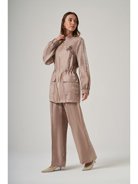 Nuss Taş İşleme Cep Detaylı Pantolonlu Takım 1032 Bej