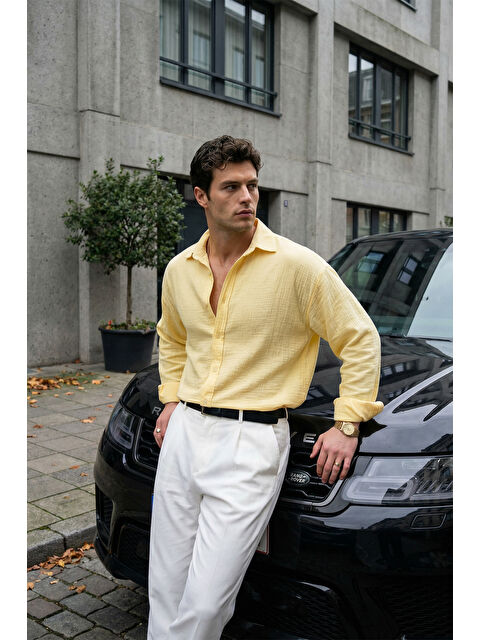 Livio Ferri Yurin Erkek Premium Müslin %100 Pamuk Oversize Uzun Kollu Gömlek - S000532006-20072