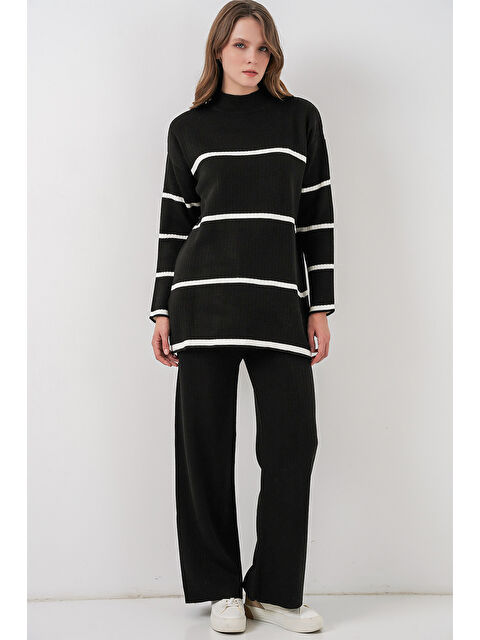 Bigdart Kadın Çizgili Oversize Triko İkili Takım 15959 - Siyah - S000473649-19351