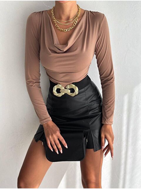 carla10 Degaje Yaka Bluz Vizon - S000421496-26429