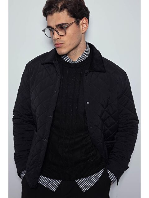 Abluka Online Erkek Oversize Fitilli Yaka Detaylı Kapitone Ceket Siyah - S000481748-19351