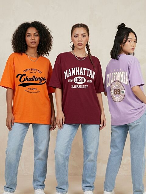 Trendseninle Turuncu Bordo Lila Since Baskılı 3Lü Tişört - S000523606-23173