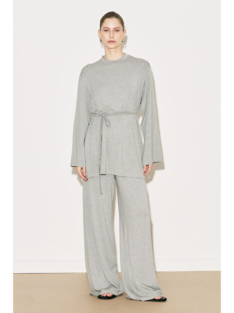 Manuka Easy Kuşaklı Rahat Bluz Gri Melanj