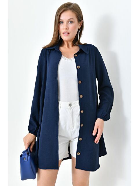 Saade Koyu Lacivert Kadın Gömlek Yaka Ahşap Düğmeli Kolağzı Lastikli Aerobin Dokuma Tunik - Regular Fit - S000495983-29672