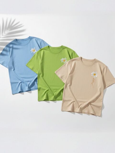 Trendseninle Bebe Mavi Lime Bej  Papatya Baskılı 3Lü Tişört - S000523607-23173