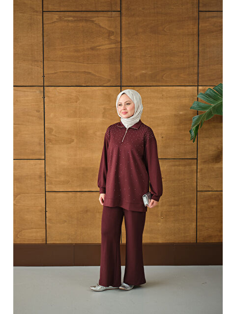 Locco Moda Kadın Yarım Fermuarlı Taşlı Takım Bordo - S000492426-19951