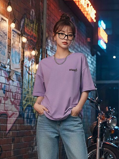 Trendseninle Lila Enough Baskılı Tişört - S000523609-17878