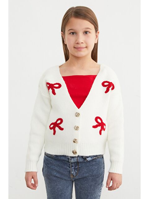 Fullamoda Fiyonk Nakışlı V Yaka Kız Çocuk Hırka - S000460258-19965