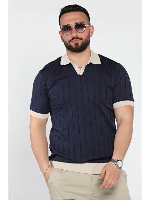 Mishar İtalia Erkek Polo Yaka Kendinden Çizgi Desenli Renk Garnili Triko Tişört - S000399491-21164