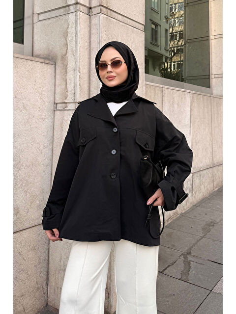 Locco Moda Kadın Kruvaze Yaka Trenç Siyah - S000492427-19351